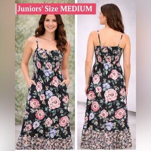 By by Black Floral Maxi Sundress with Spaghetti Straps juniors MEDIUM